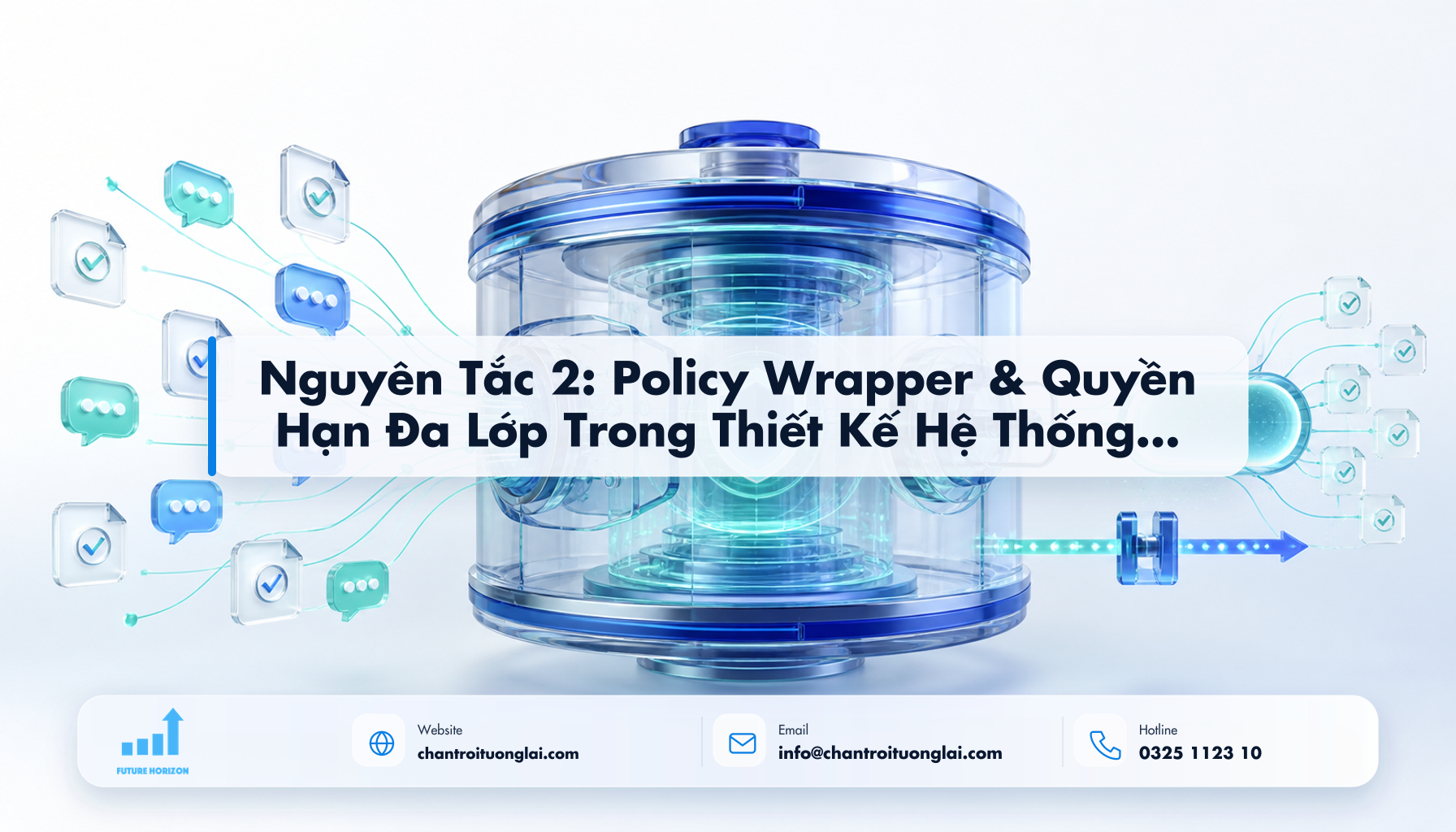 Nguyên Tắc 2: Policy Wrapper & Quyền Hạn Đa Lớp Trong Thiết Kế Hệ Thống Agent An Toàn Minh họa nguyên tắc 2: policy wrapper & quyền hạn đa lớp trong thiết kế hệ thống agent an toàn theo phong cách Fluent 2.5D