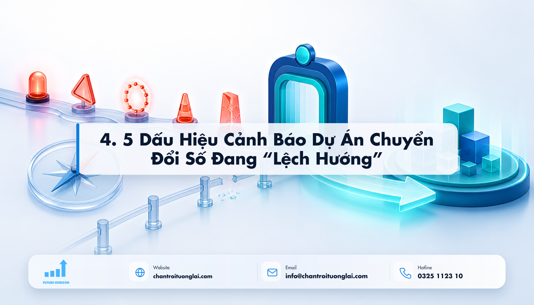 4. 5 Dấu Hiệu Cảnh Báo Dự Án Chuyển Đổi Số Đang “Lệch Hướng” Minh họa 4. 5 dấu hiệu cảnh báo dự án chuyển đổi số đang “lệch hướng” theo phong cách Fluent 2.5D