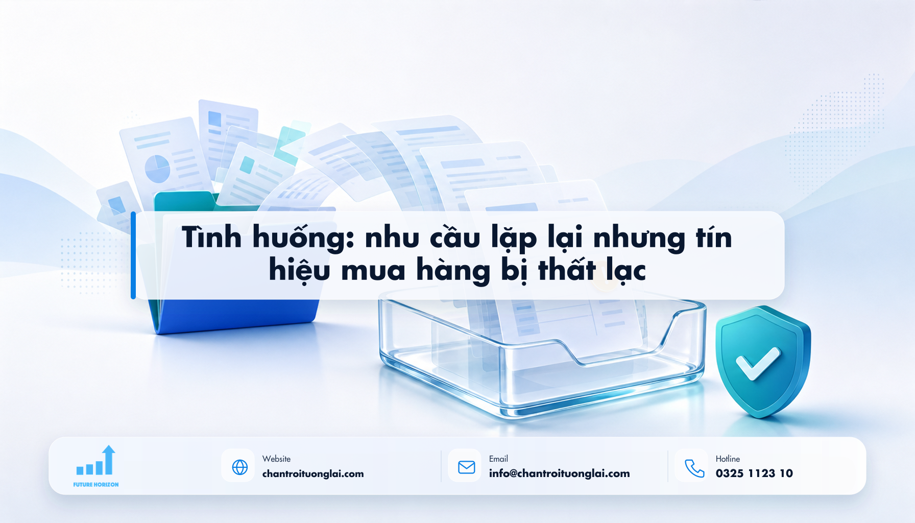 Minh họa tình huống: nhu cầu lặp lại nhưng tín hiệu mua hàng bị thất lạc theo phong cách Fluent 2.5D