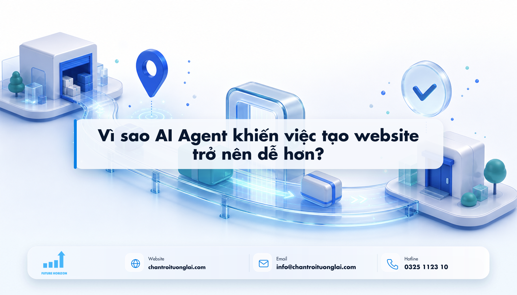 Vì sao AI Agent khiến việc tạo website trở nên dễ hơn? Minh họa vì sao ai agent khiến việc tạo website trở nên dễ hơn? theo phong cách Fluent 2.5D