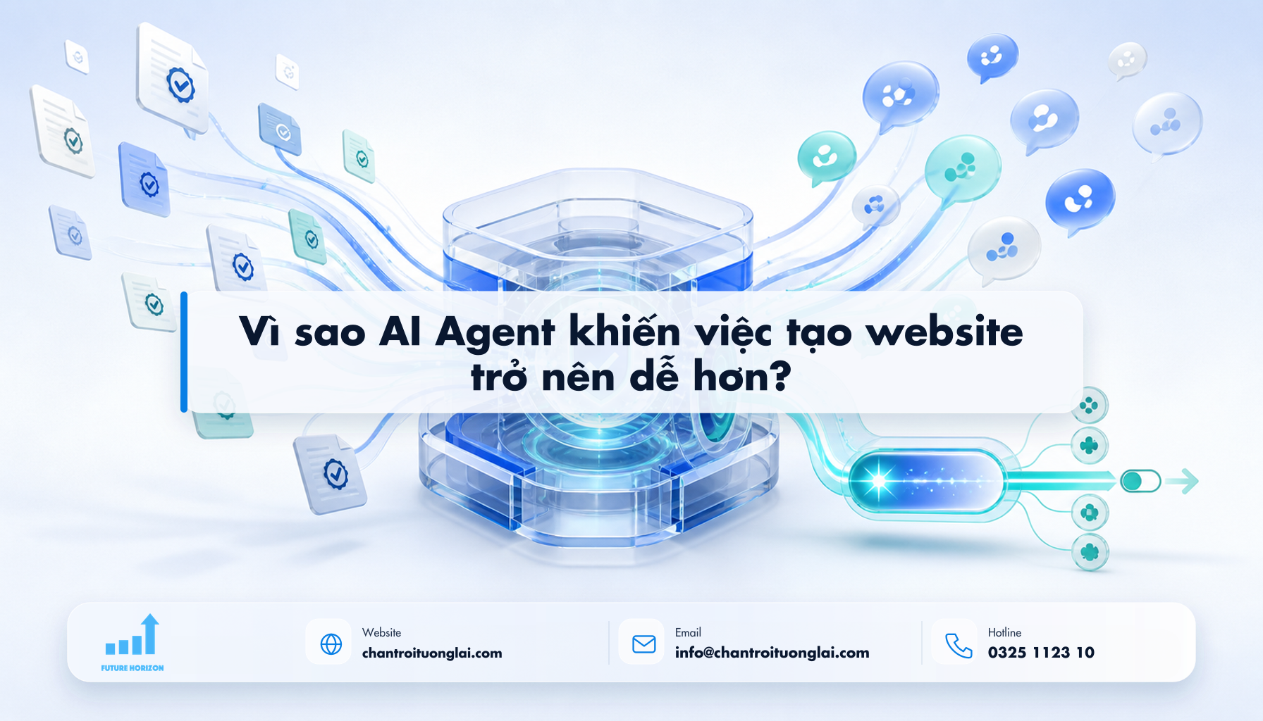 Minh họa vì sao ai agent khiến việc tạo website trở nên dễ hơn? theo phong cách Fluent 2.5D